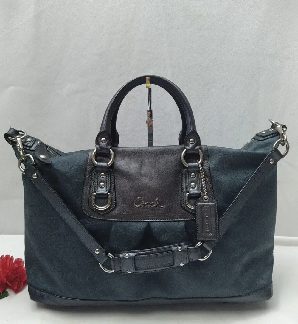 Coach Ashley Signature Dark Blue Canvas Black Leather Trim Satchel Shoulder Bag